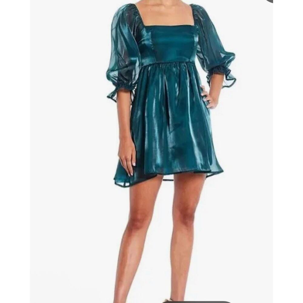 Thirty/Thirty LA Blue Green Organza 1/2 Sleeve Fit & Flare Dress Medium